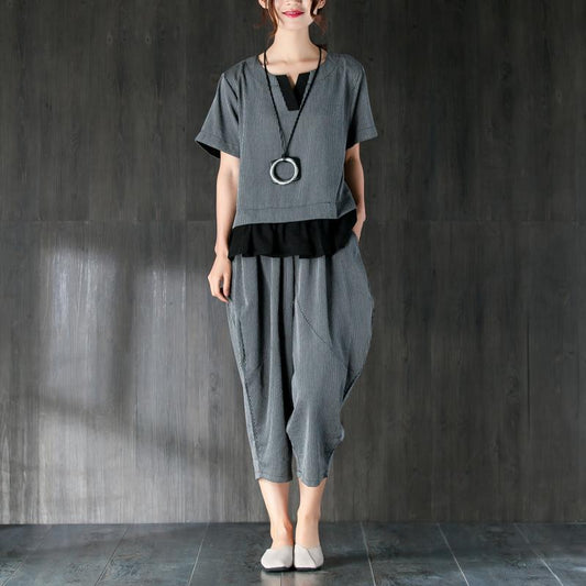 Gray Two Pieces Set Stripe Splicing Blouse Lantern Pants