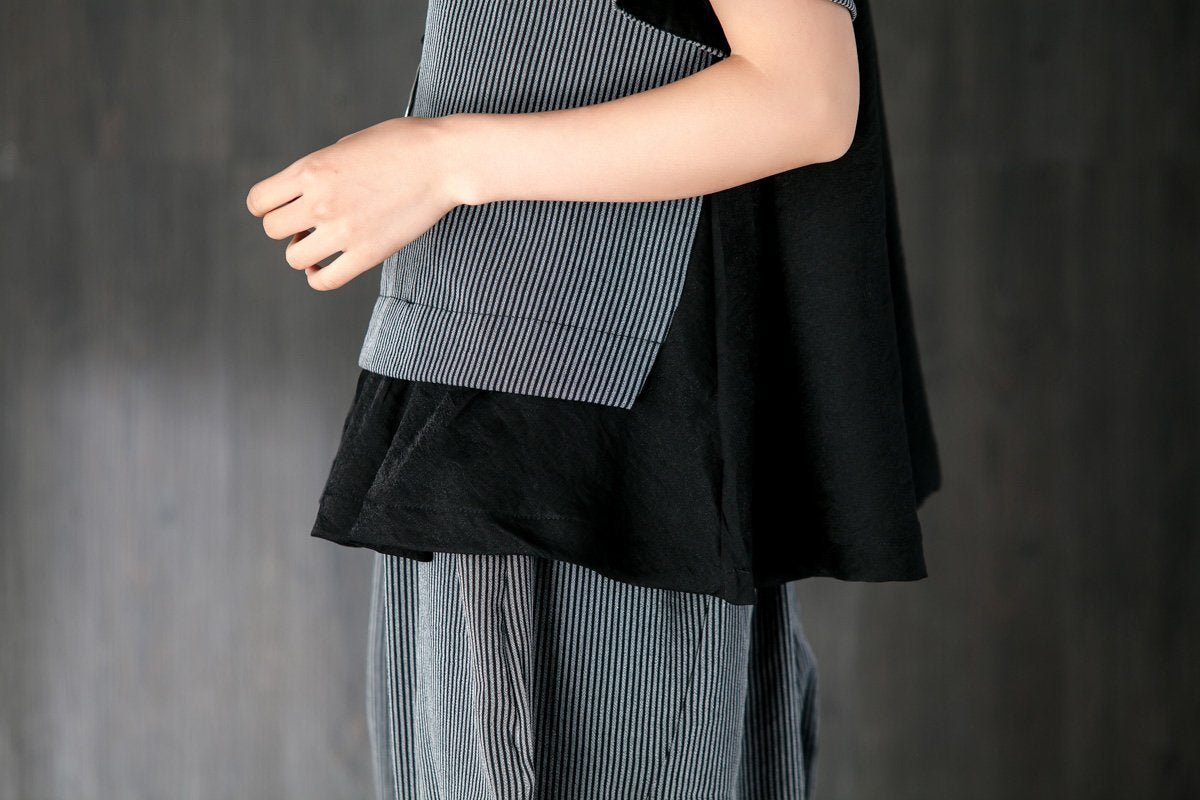 Gray Two Pieces Set Stripe Splicing Blouse Lantern Pants