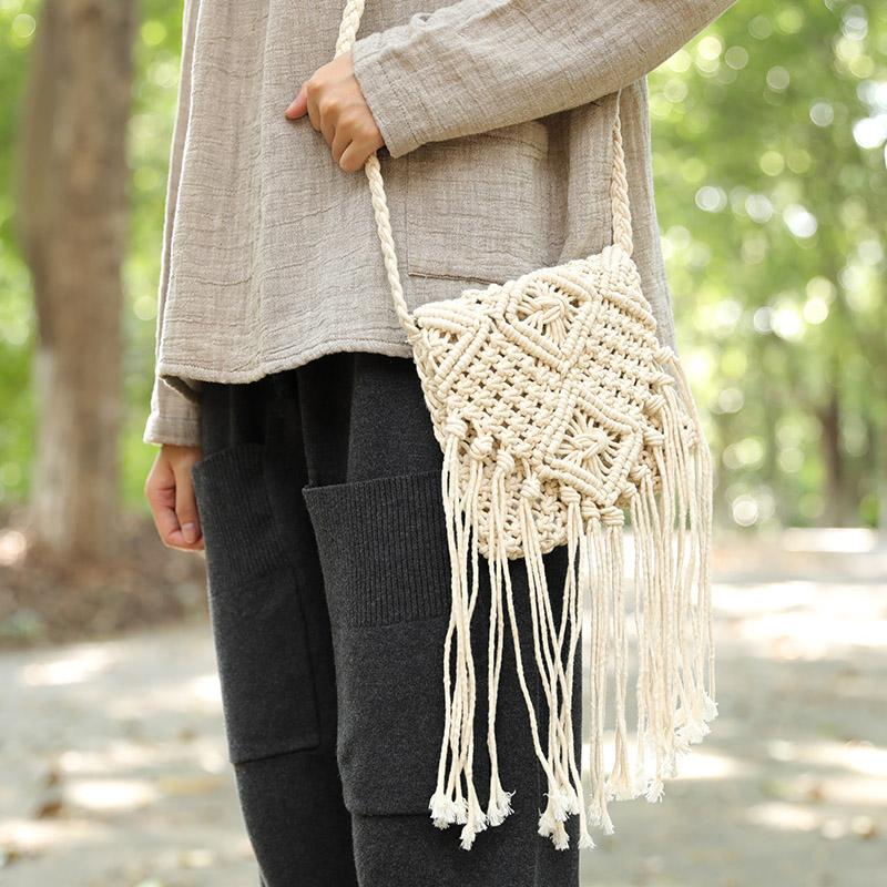 Exquisite Women Portable Knitted Tassel White Shoulder Bag