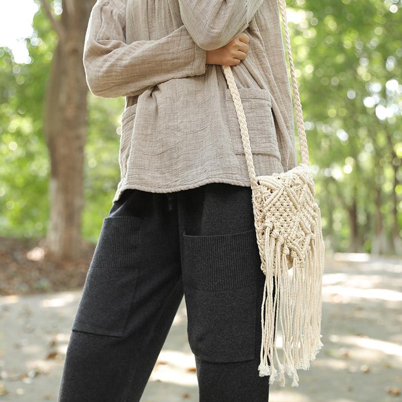 Exquisite Women Portable Knitted Tassel White Shoulder Bag