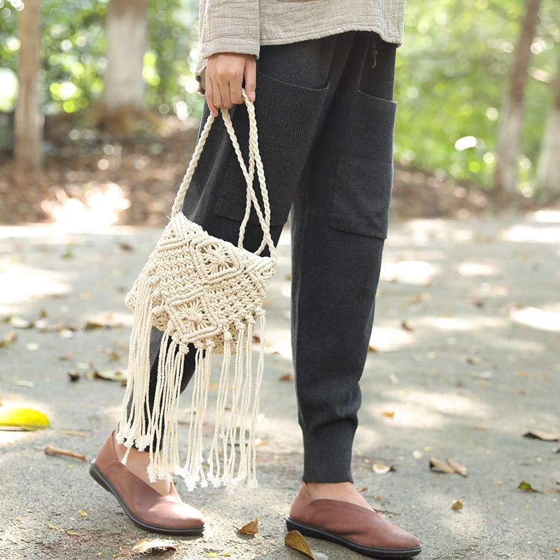 Exquisite Women Portable Knitted Tassel White Shoulder Bag