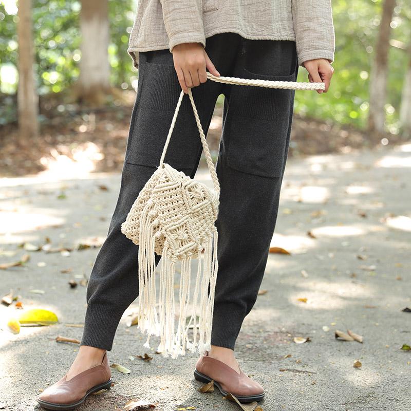 Exquisite Women Portable Knitted Tassel White Shoulder Bag
