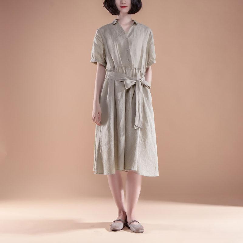 Short Sleeve Pleated Belt Summer Casual Beige Dress