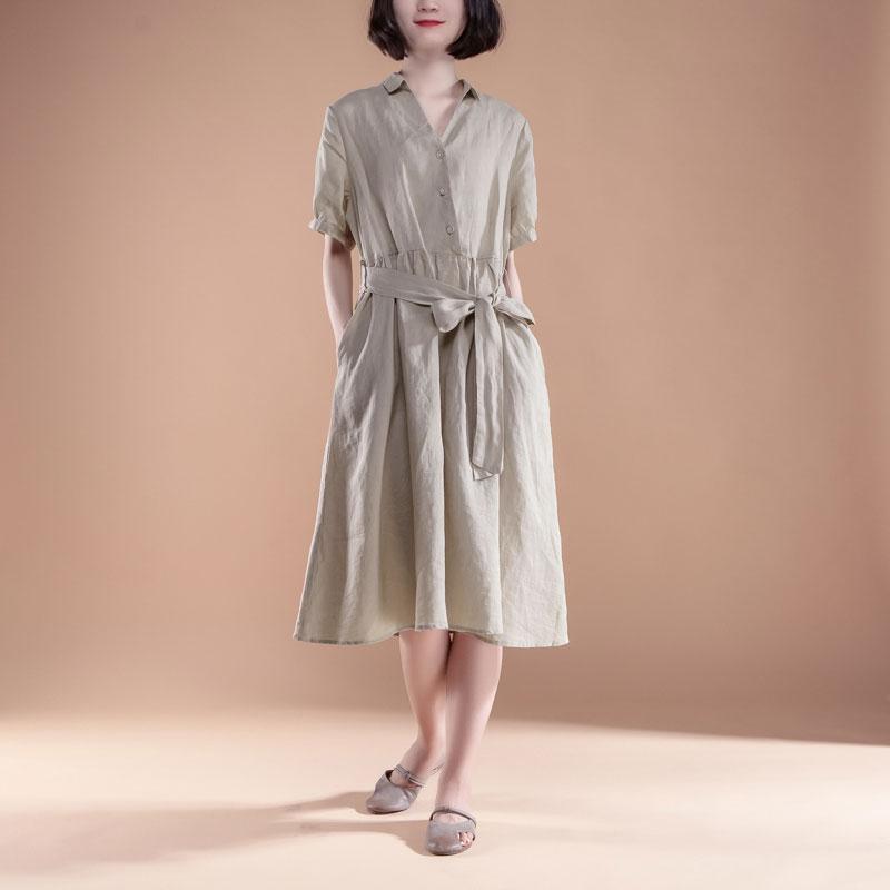 Short Sleeve Pleated Belt Summer Casual Beige Dress