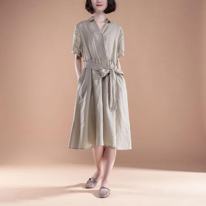 Short Sleeve Pleated Belt Summer Casual Beige Dress