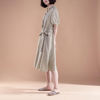 Short Sleeve Pleated Belt Summer Casual Beige Dress