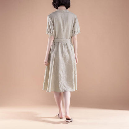 Short Sleeve Pleated Belt Summer Casual Beige Dress