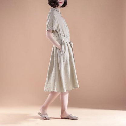 Short Sleeve Pleated Belt Summer Casual Beige Dress