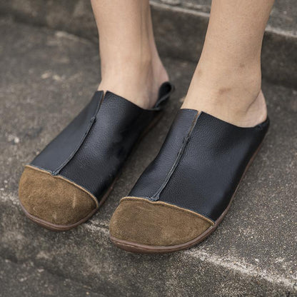 Fashionable Leather Retro Splicing Black Women Single Shoes