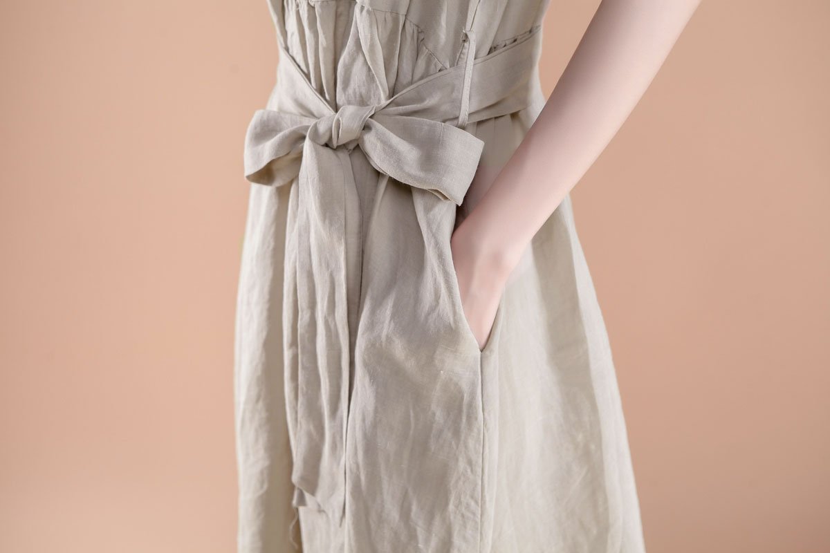 Short Sleeve Pleated Belt Summer Casual Beige Dress