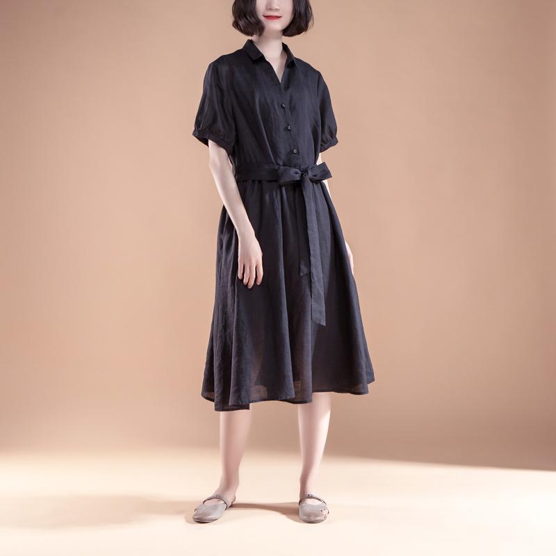 Short Sleeve Pleated Belt Summer Casual Dress