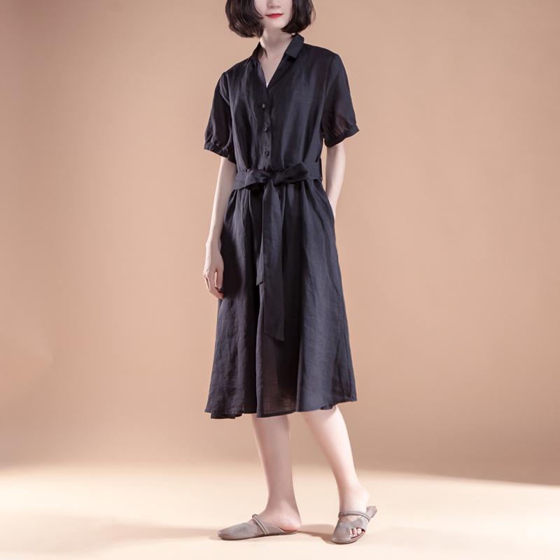 Short Sleeve Pleated Belt Summer Casual Dress