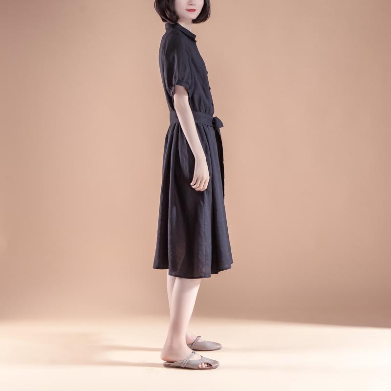 Short Sleeve Pleated Belt Summer Casual Dress