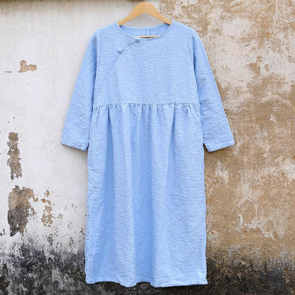 Casual Winter Women Cotton Frogs Light Blue Dress