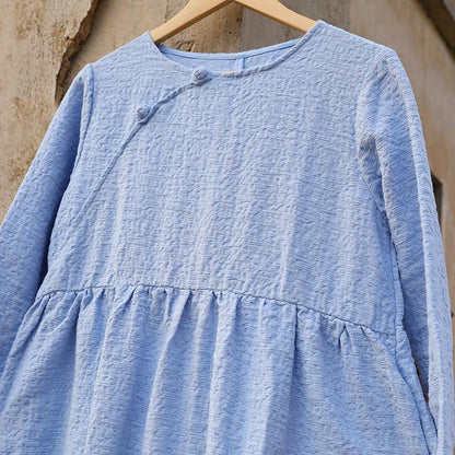 Casual Winter Women Cotton Frogs Light Blue Dress