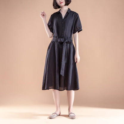 Short Sleeve Pleated Belt Summer Casual Dress