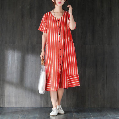 V Neck Single Breasted Summer Red Stripe Dress