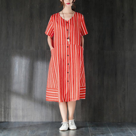 V Neck Single Breasted Summer Red Stripe Dress