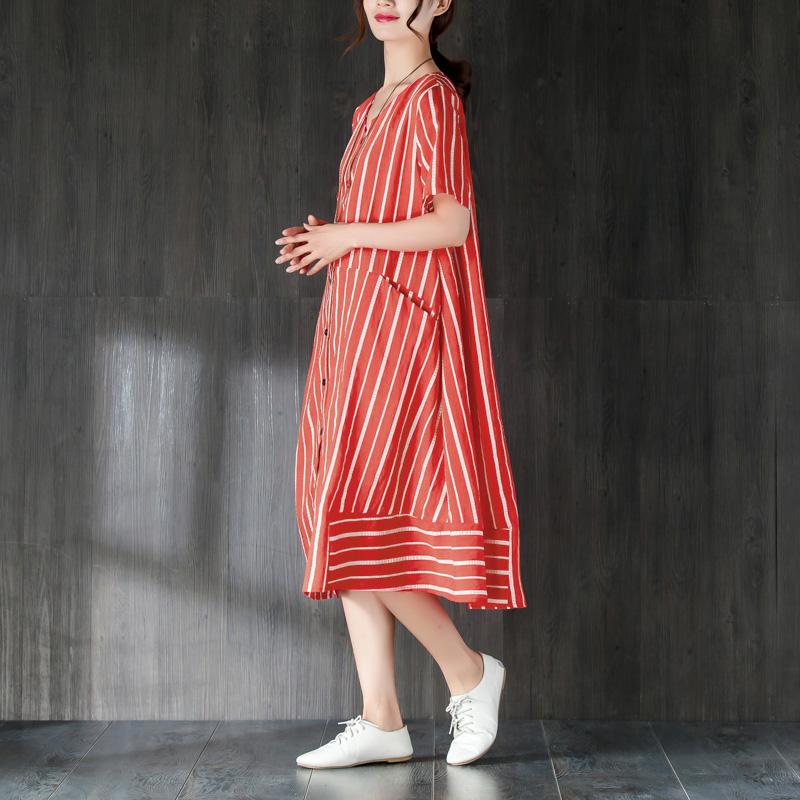 V Neck Single Breasted Summer Red Stripe Dress