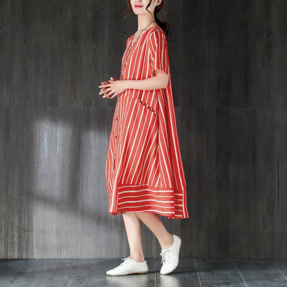 V Neck Single Breasted Summer Red Stripe Dress