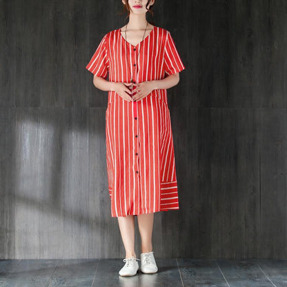 V Neck Single Breasted Summer Red Stripe Dress