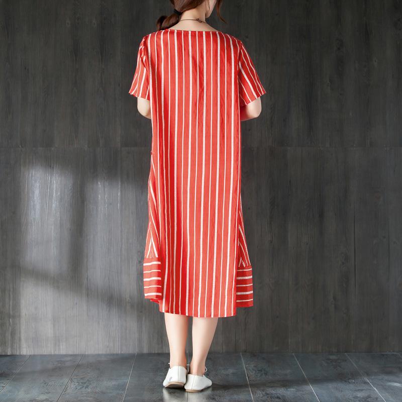 V Neck Single Breasted Summer Red Stripe Dress