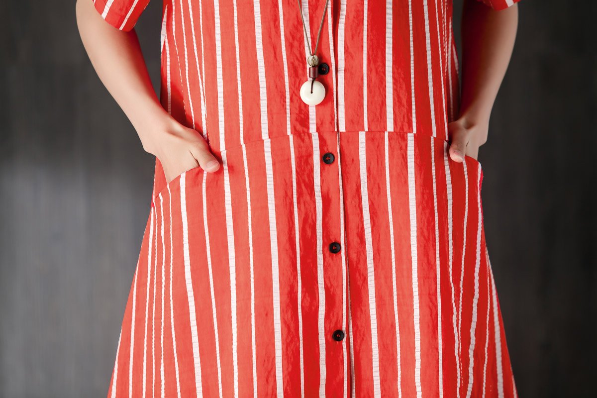 V Neck Single Breasted Summer Red Stripe Dress