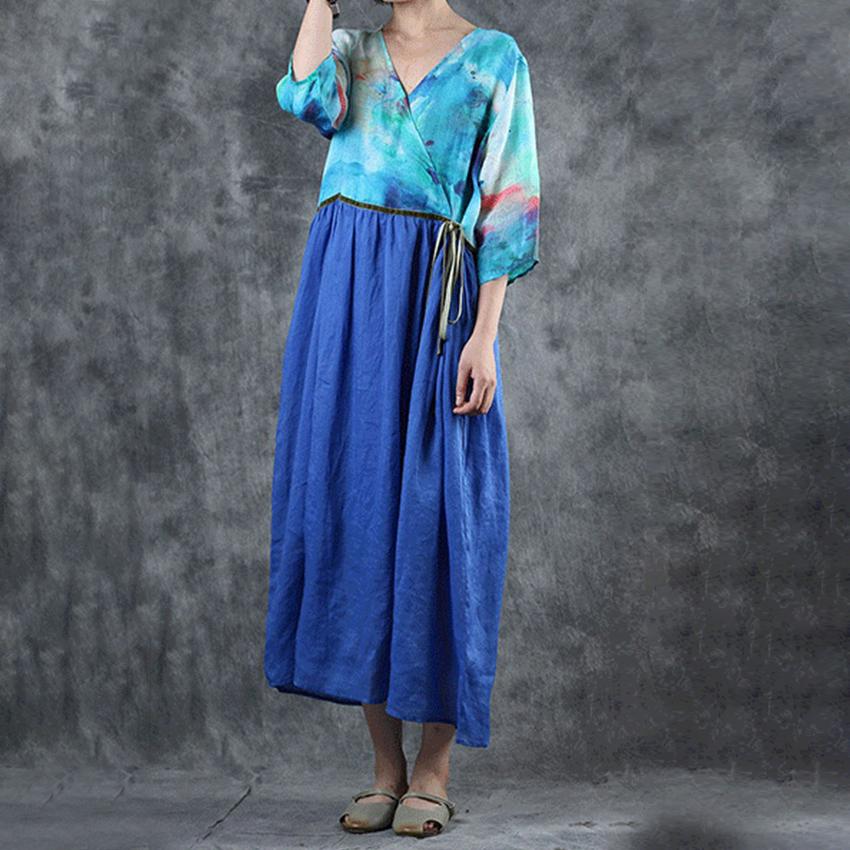 Ink Printing High Waist Casual Ramie Dress