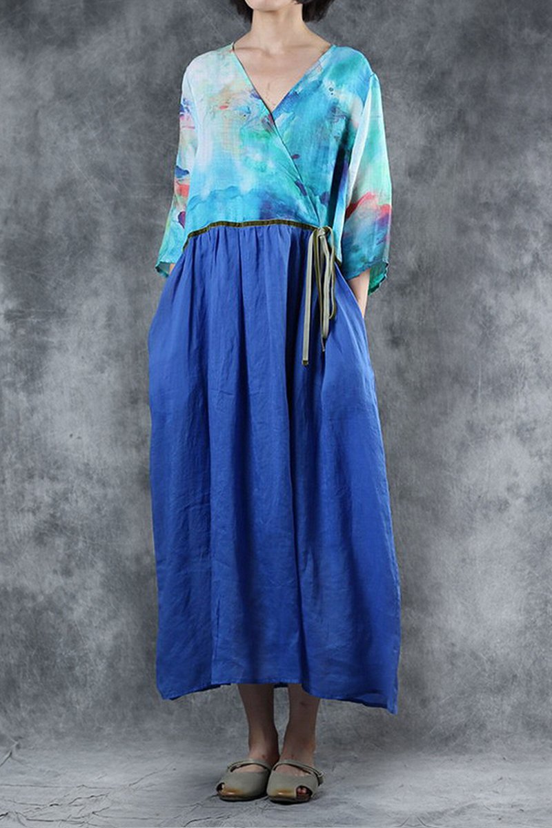 Ink Printing High Waist Casual Ramie Dress