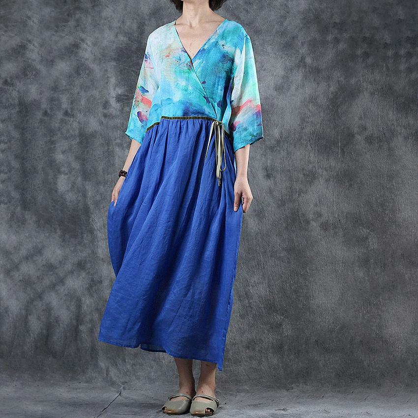 Ink Printing High Waist Casual Ramie Dress