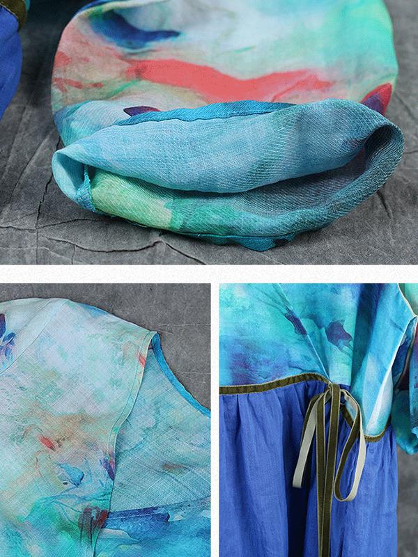 Ink Printing High Waist Casual Ramie Dress