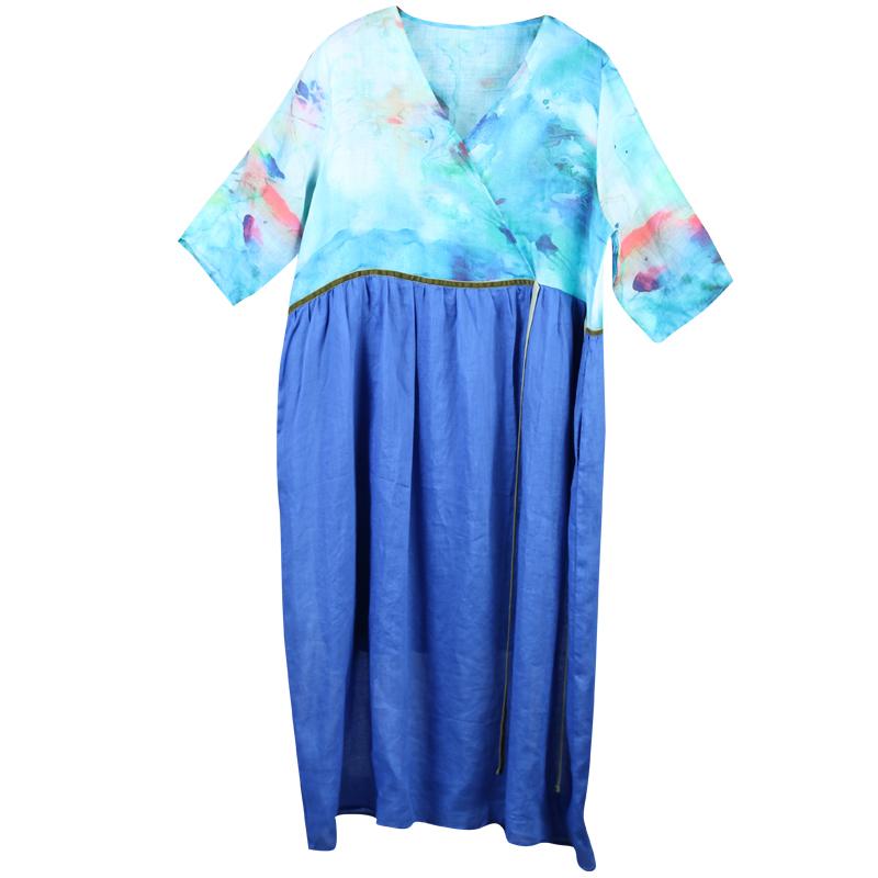 Ink Printing High Waist Casual Ramie Dress