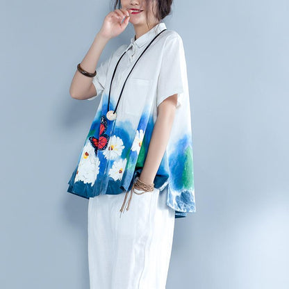 Irregular Casual Print Polo Collar Short Sleeve Blouse