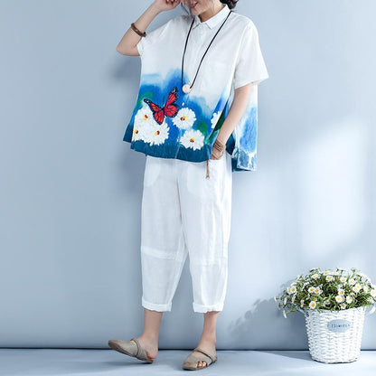 Irregular Casual Print Polo Collar Short Sleeve Blouse