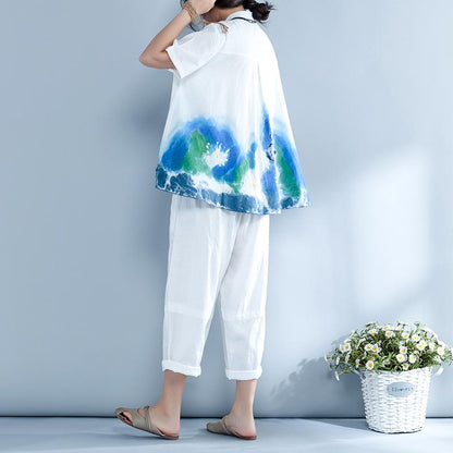 Irregular Casual Print Polo Collar Short Sleeve Blouse