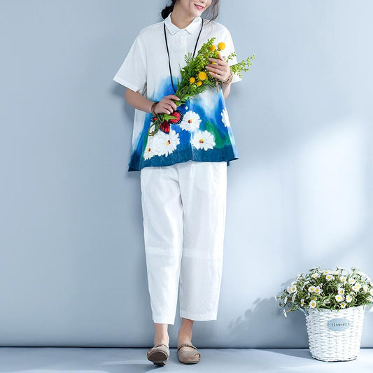 Irregular Casual Print Polo Collar Short Sleeve Blouse