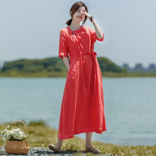 Irregular Collar Drawstring Casual Midi Dress