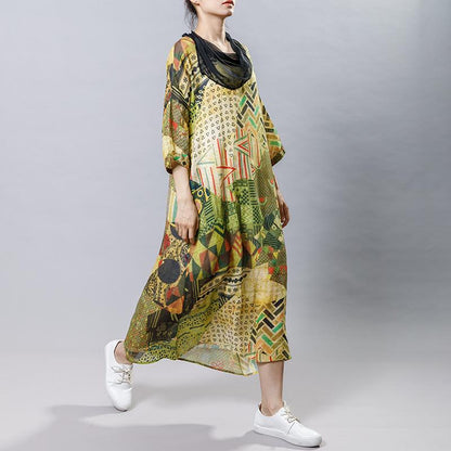 Irregular Collar Splicing Printed Fashion Dress
