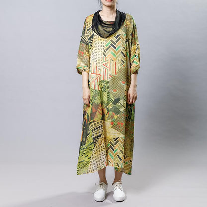 Irregular Collar Splicing Printed Fashion Dress