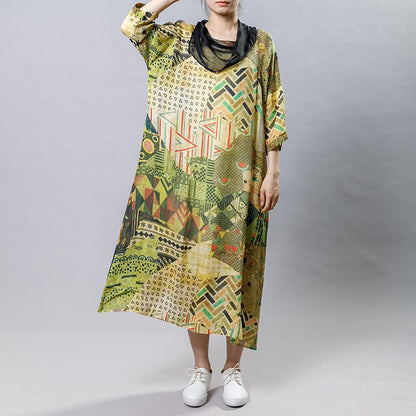 Irregular Collar Splicing Printed Fashion Dress