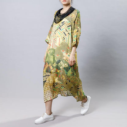 Irregular Collar Splicing Printed Fashion Dress