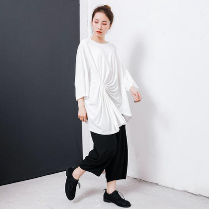 Irregular Design Pleated Solid Color T-Shirt