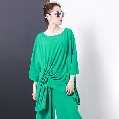 Irregular Design Pleated Solid Color T-Shirt