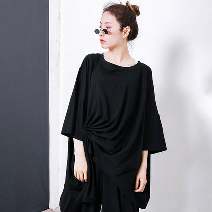 Irregular Design Pleated Solid Color T-Shirt