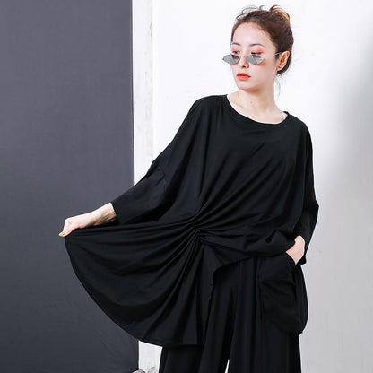 Irregular Design Pleated Solid Color T-Shirt
