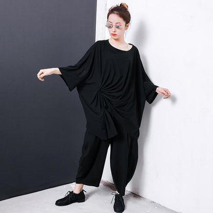 Irregular Design Pleated Solid Color T-Shirt