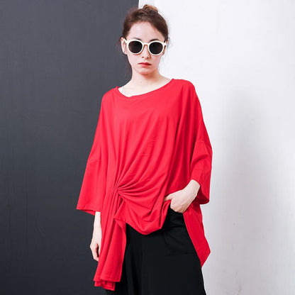 Irregular Design Pleated Solid Color T-Shirt