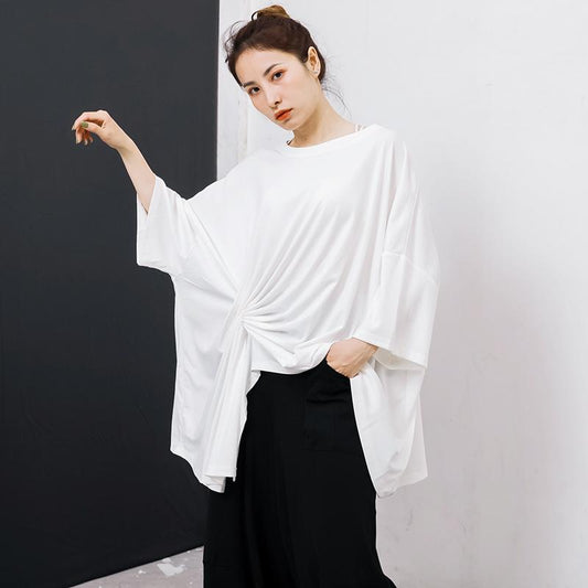 Irregular Design Pleated Solid Color T-Shirt