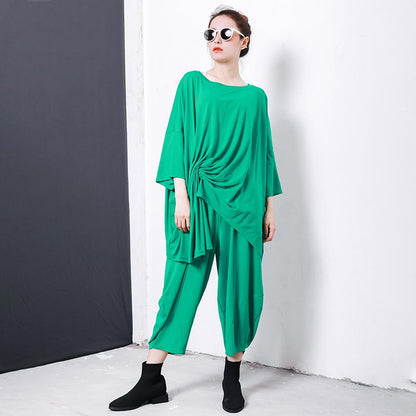 Irregular Design Pleated Solid Color T-Shirt