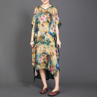 Irregular Hem Floral Printed Silky Dress